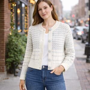 Kate Spade SZ L Jewel Button Textured Cream Silver Wool Alpaca Cardigan $328